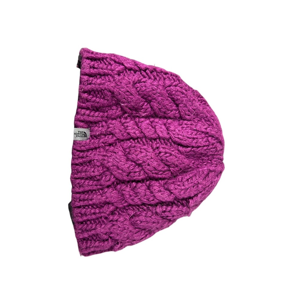 The North‎ Face Cable Knit Beanie Wool Blend Fleece Lined purple Youth Medium